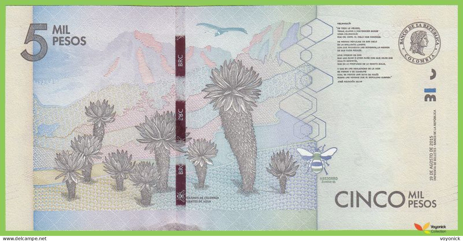 Voyo COLOMBIA 5000 Pesos 2015(2016) P459a B994a AA UNC - Colombia