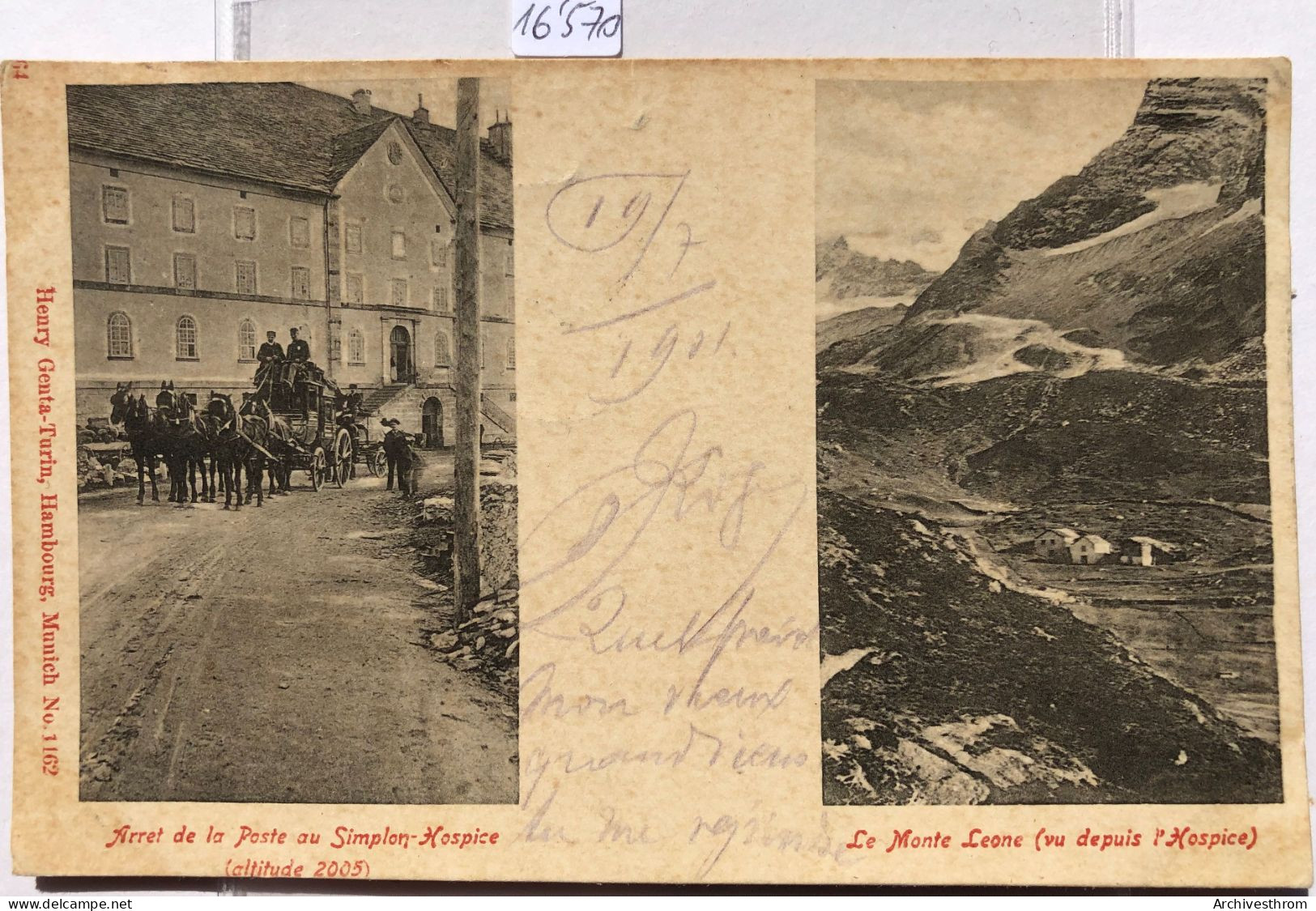 Diligence De La Poste à L'arrêt à L'Hospice Du Simplon (Valais) + Vue Du Monte-Leone; Précurseur (16'570) - Simplon