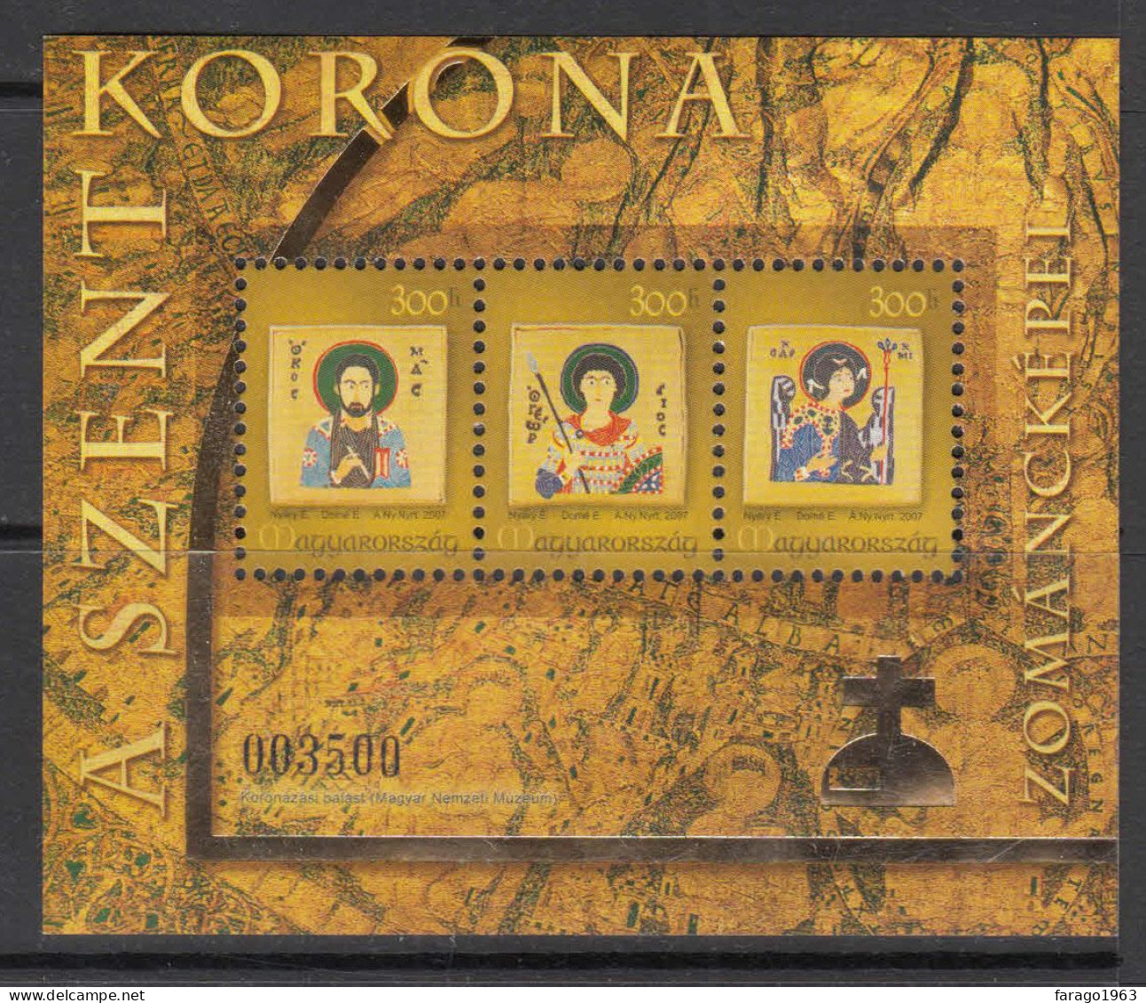 2007 Hungary St. Stephen's Crowbn Art Paintings GOLD Miniature Sheet Of 3 MNH - Ungebraucht