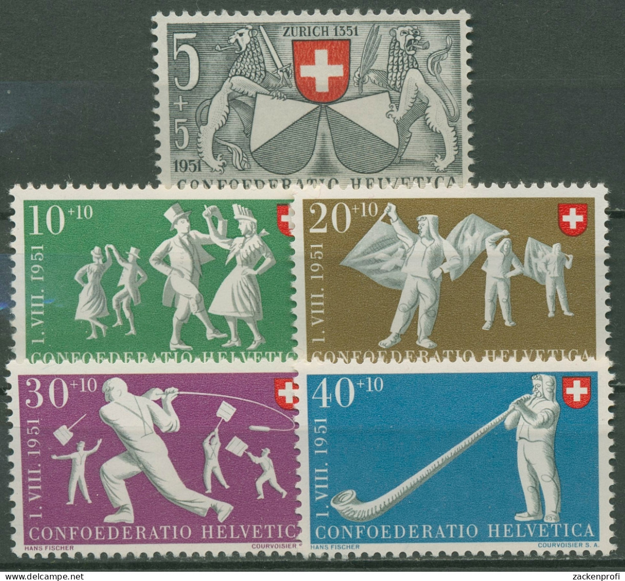 Schweiz 1951 Pro Patria Eidgenossenschaft Zürich Volksspiele 555/59 Postfrisch - Ongebruikt