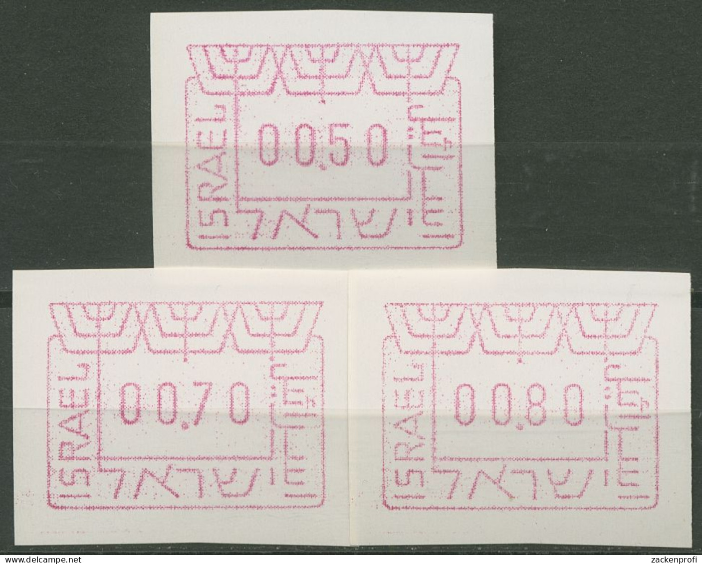 Israel ATM 1988 ATM-Satz 3 Werte 0,50/0,70/0,80, ATM 1 D S3 Postfrisch - Frankeervignetten (Frama)