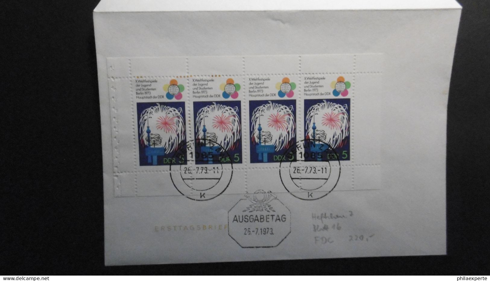 DDR Mi. H Blatt 16 FDC (16x11,5 Cm) 26.7.1973 Berlin-Bleistiftnotitz Mi. 120-€ - 1971-1980