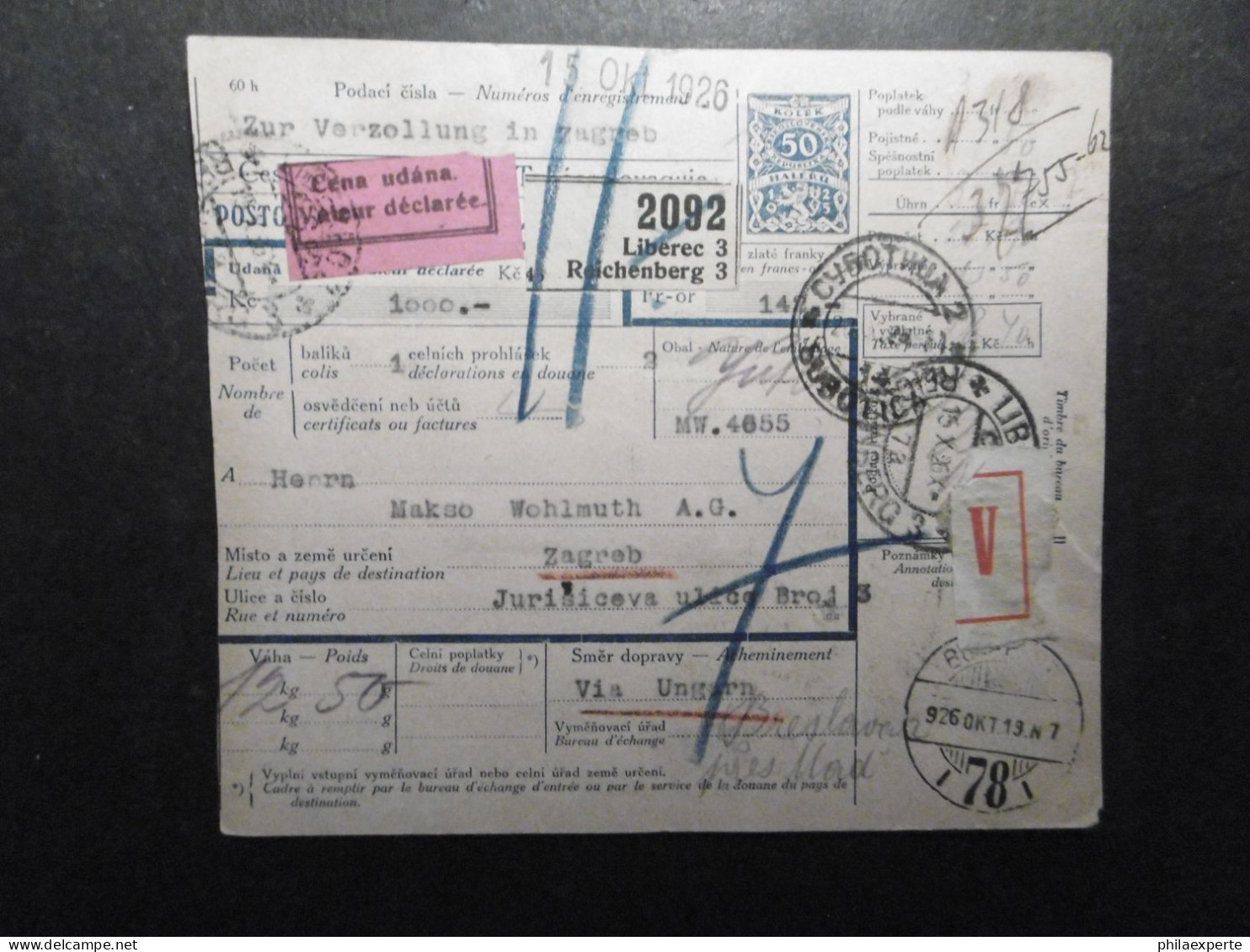 Jugoslawien Wert Postanweisung über 1000 Kronen Von Reichenberg 15.10.1926 Nach Zagreb-dort Portomarken 56+57(2) - Briefe U. Dokumente