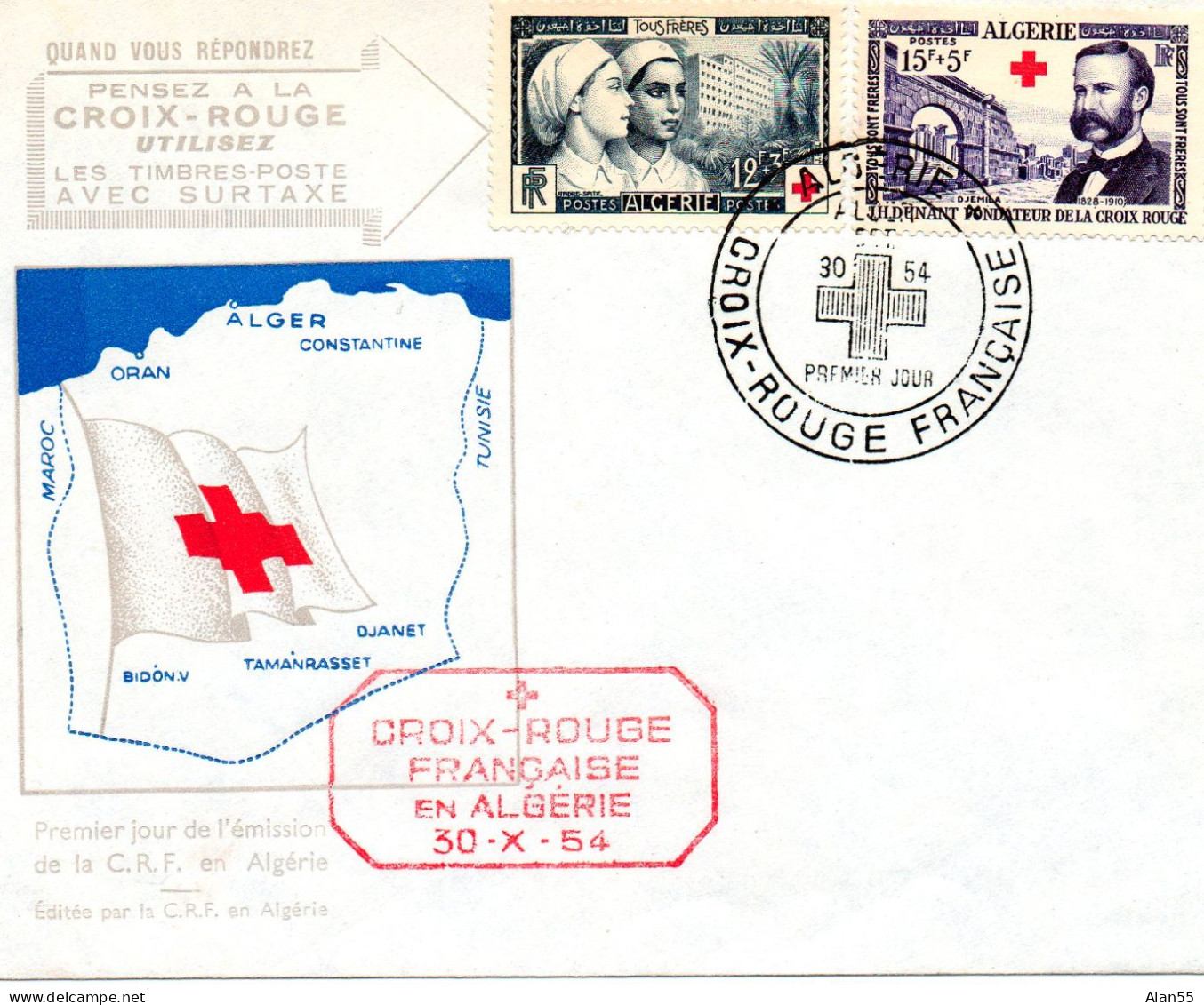 ALGERIE.1954-1955. "CROIX-ROUGE"."OEUVRES DE GUERRE".  LETTRE + CARTE MAXIMUM - FDC