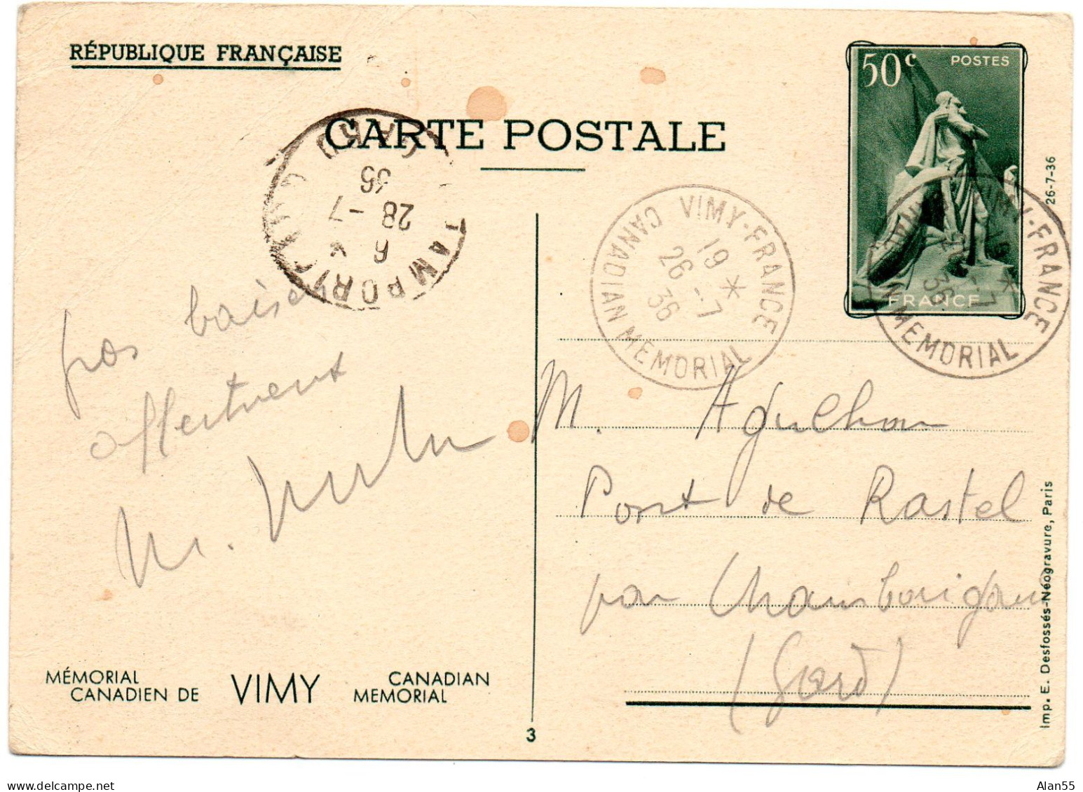 FRANCE.1936. "VIMY-FRANCE-CANADIAN MEMORIAL".ENTIER POSTAL (AYANT VOYAGE) OBLIT.P.J.-FDC - ....-1949