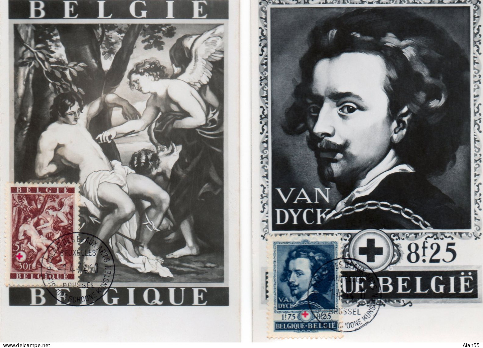 BELGIQUE.1944. VARIETES CROIX-ROUGE "OEUVRES DE VAN DYCK". 6  CARTES "MAXIMUM". - 1934-1951