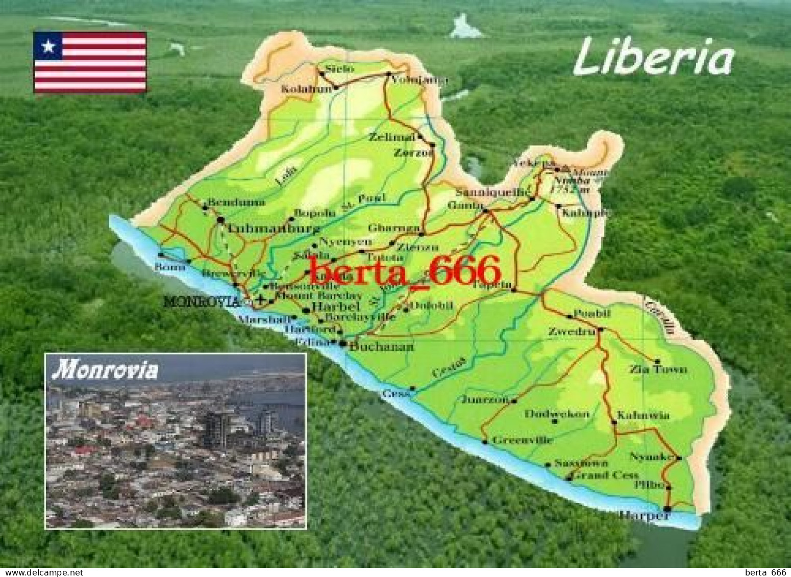 Liberia Country Map New Postcard * Carte Geographique * Landkarte - Liberia