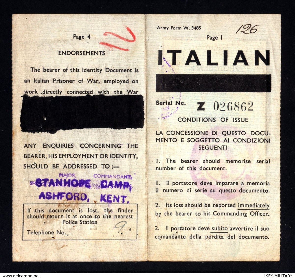 14164-ITALY-MILITARY ITALIAN POW Dentity Card Soldier PRISONER OF WAR Camp STANMORE (england).1944.WWII.ITALIAN ARMY POW - 1939-45