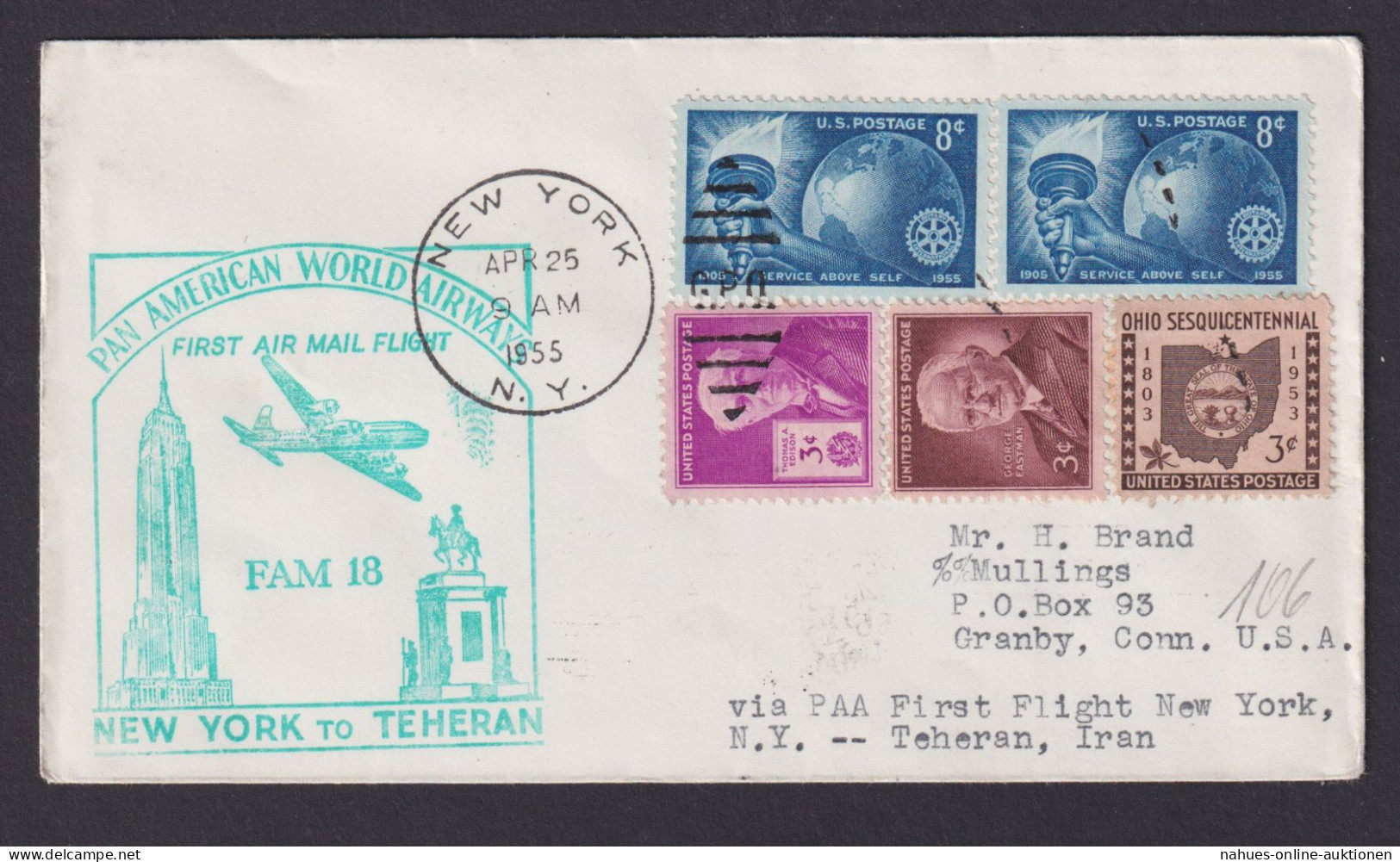 Flugpost Brief Air Mail USA Pan American Erstflug New York Teheran Iran Granby - Storia Postale
