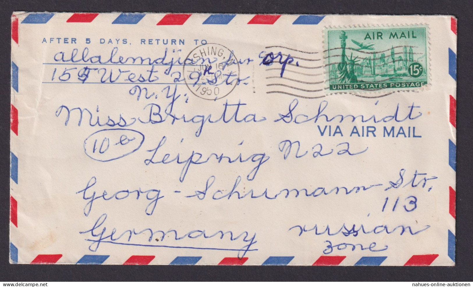 Flugpost Brief Air Mail USA Flushing Queens New York Nach Leipzig 16.6.1950 - Cartas & Documentos