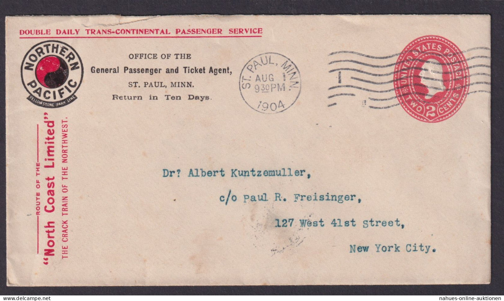 USA Privatganzsache Nothern Pacific Eisenbahn Saint Paul Minesota Brief New York - Lettres & Documents