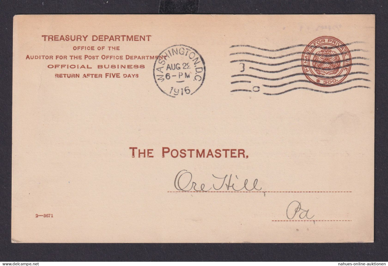 USA Ganzsache Postsache Penalty For Privat USE 300 Braun Washington 22.8.1916 - Cartas & Documentos