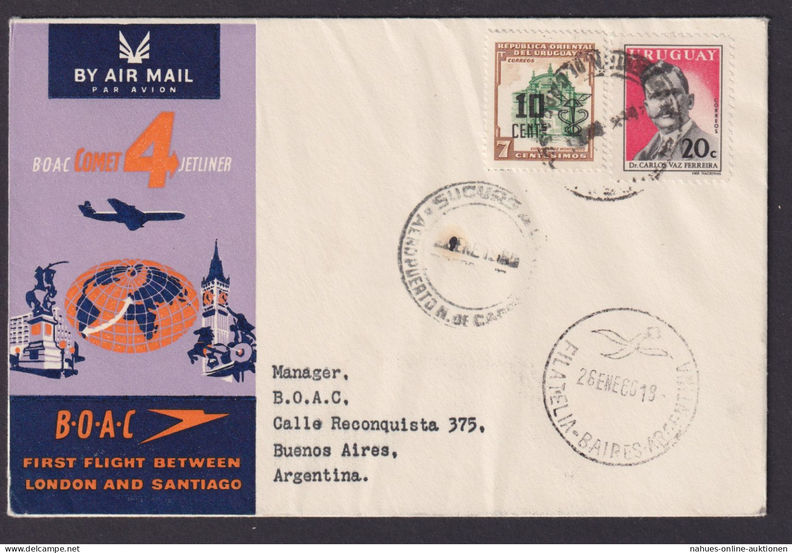 Flugpost Brief Air Mail Uruguay B.O.A.C. Comet 4 Jetleiner Erstflug London - Uruguay