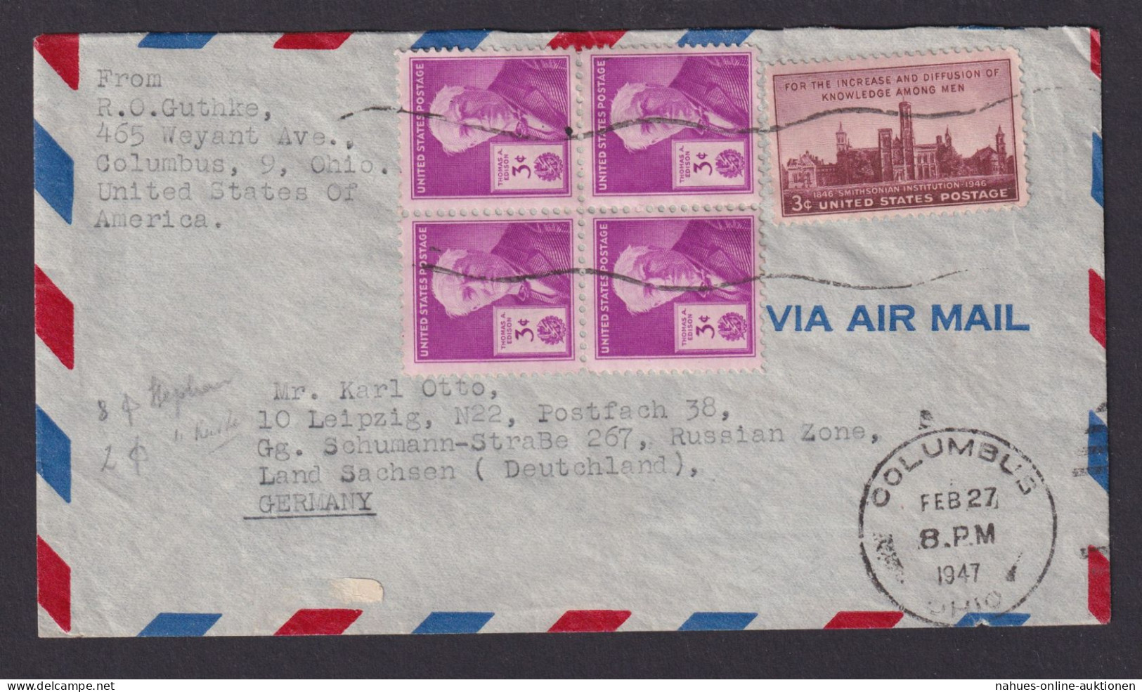 Flugpost Brief Air Mail USA Viererblock Columbus Ohio Leipzig Sachsen Russische - Covers & Documents