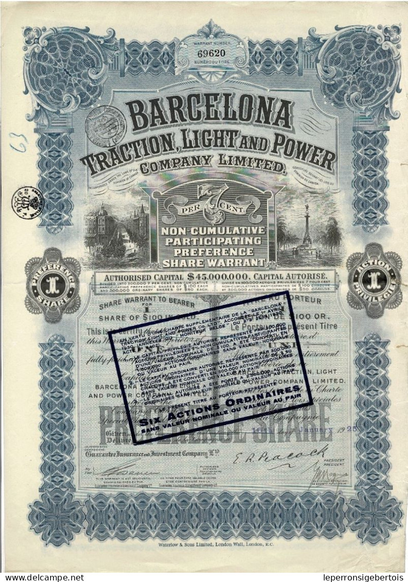 Titre De 1925 - Barcelona Traction Light And Power Company Ltd  - N° 69620 - Déco - Chemin De Fer & Tramway