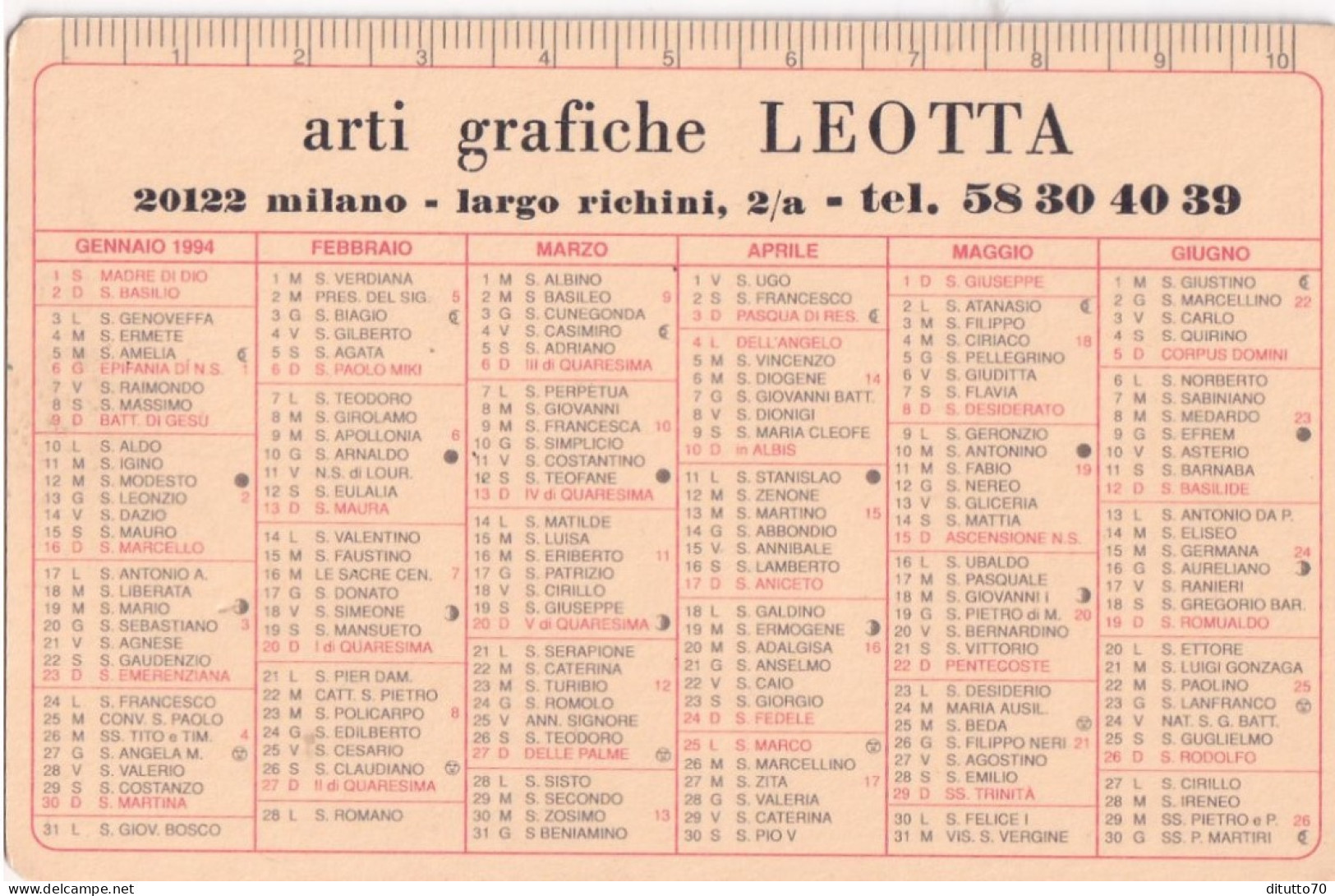 Calendarietto - Arti Grafiche Leotta - Milano - Anno 1994 - Formato Piccolo : 1991-00