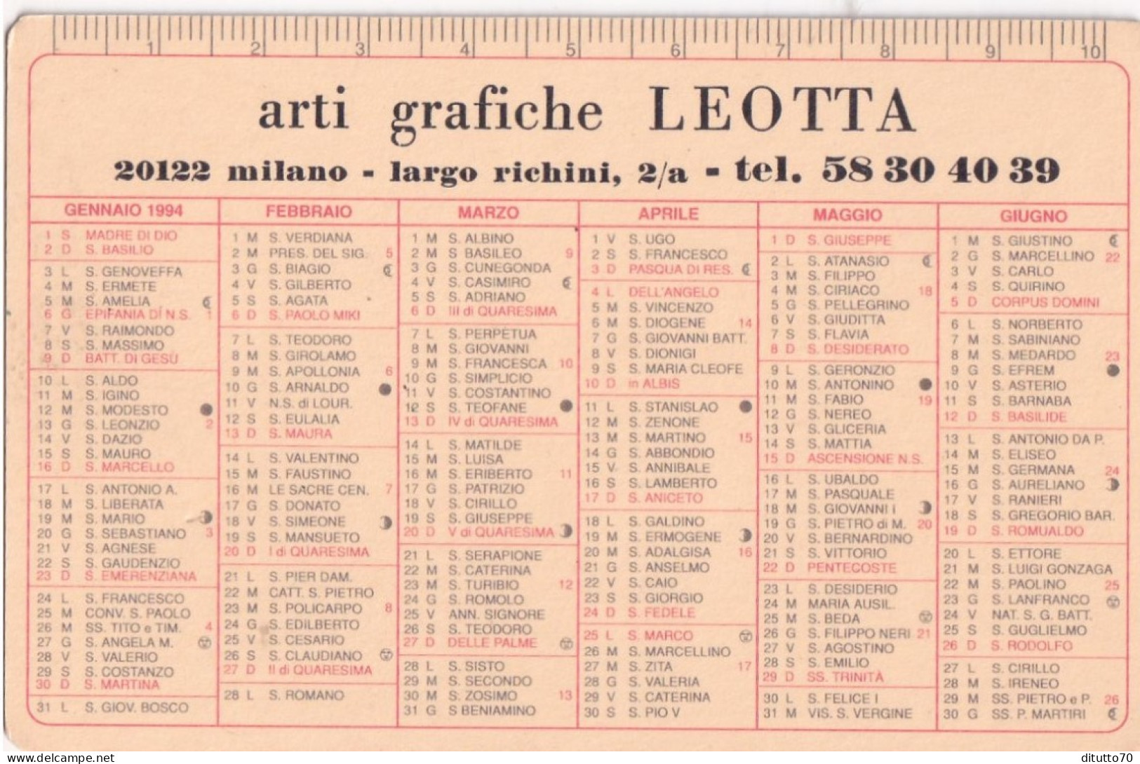 Calendarietto - Arti Grafiche Leotta - Milano - Anno 1994 - Tamaño Pequeño : 1991-00