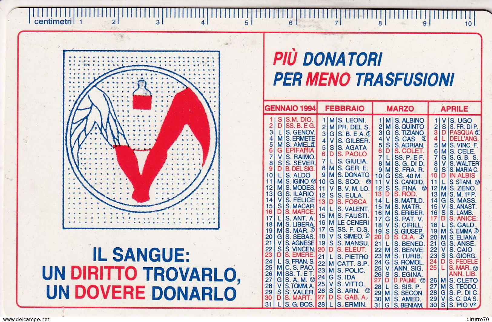 Calendarietto - AVIS - Comunale Di Cremona - Anno 1994 - Tamaño Pequeño : 1991-00