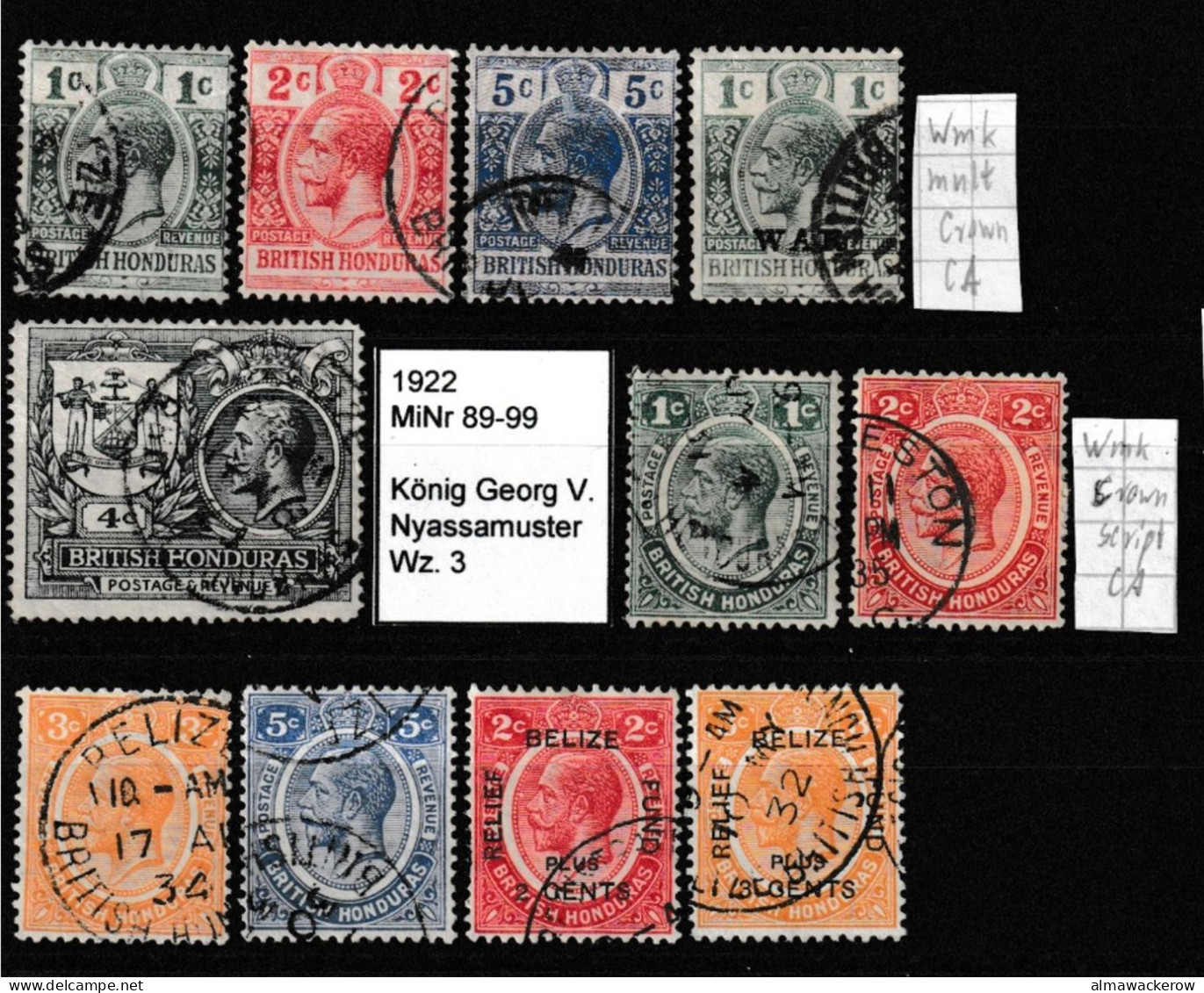 British Honduras 1913-1932 King George V. Issues Incl. Mi 5/ SG 113, Mi 89/ SG 126, Mi 101-2/ SG 139-140 Used O - Honduras Britannico (...-1970)