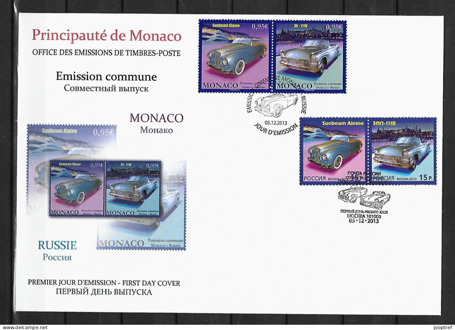 2013 Joint/Commune Monaco And Russia, OFFICIAL MIXED FDC WITH 2+2 STAMPS: Iconic Cars - Emissions Communes