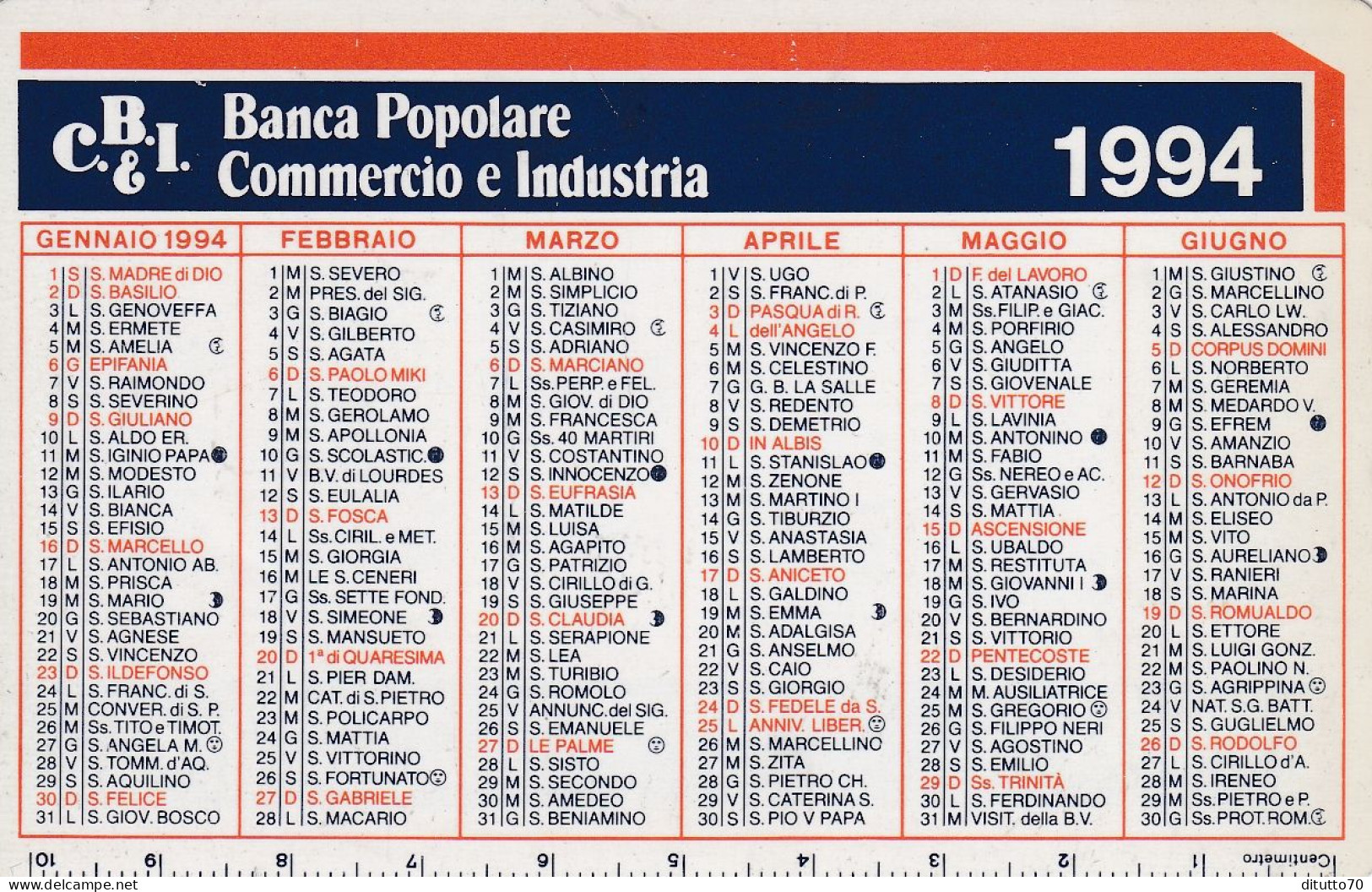 Calendarietto - Banca Popolare Commercio E Industria - Anno 1994 - Tamaño Pequeño : 1991-00