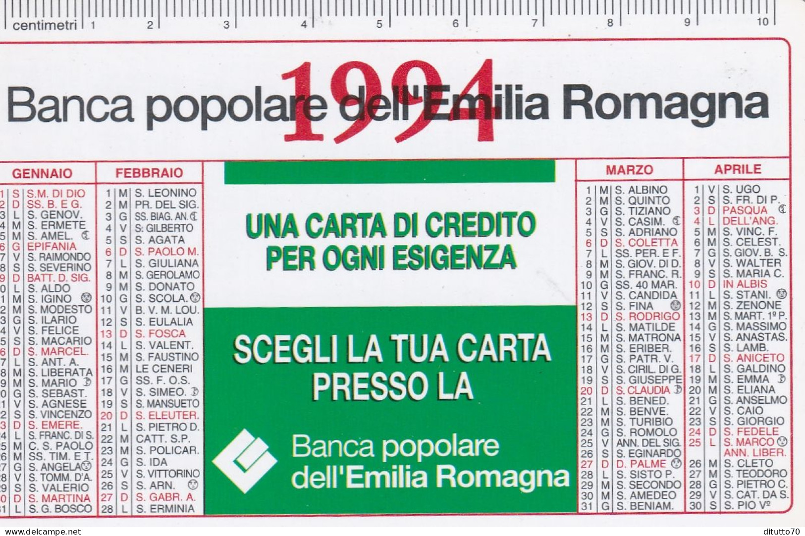 Calendarietto - Banca Popolare Dell'emilia Romagna -  Una Carta Di Credito Per Ogni Esigenza - Anno 1994 - Tamaño Pequeño : 1991-00