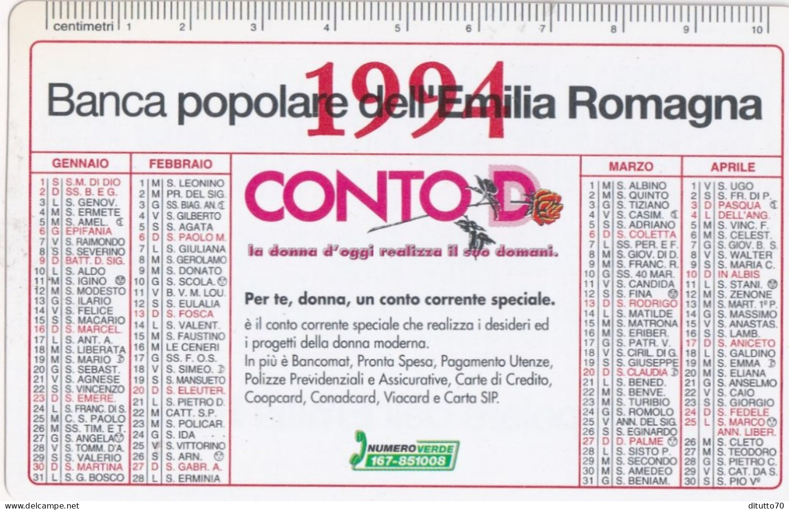 Calendarietto - Banca Popolare Dell'emilia Romagna - Conto D - Anno 1994 - Tamaño Pequeño : 1991-00