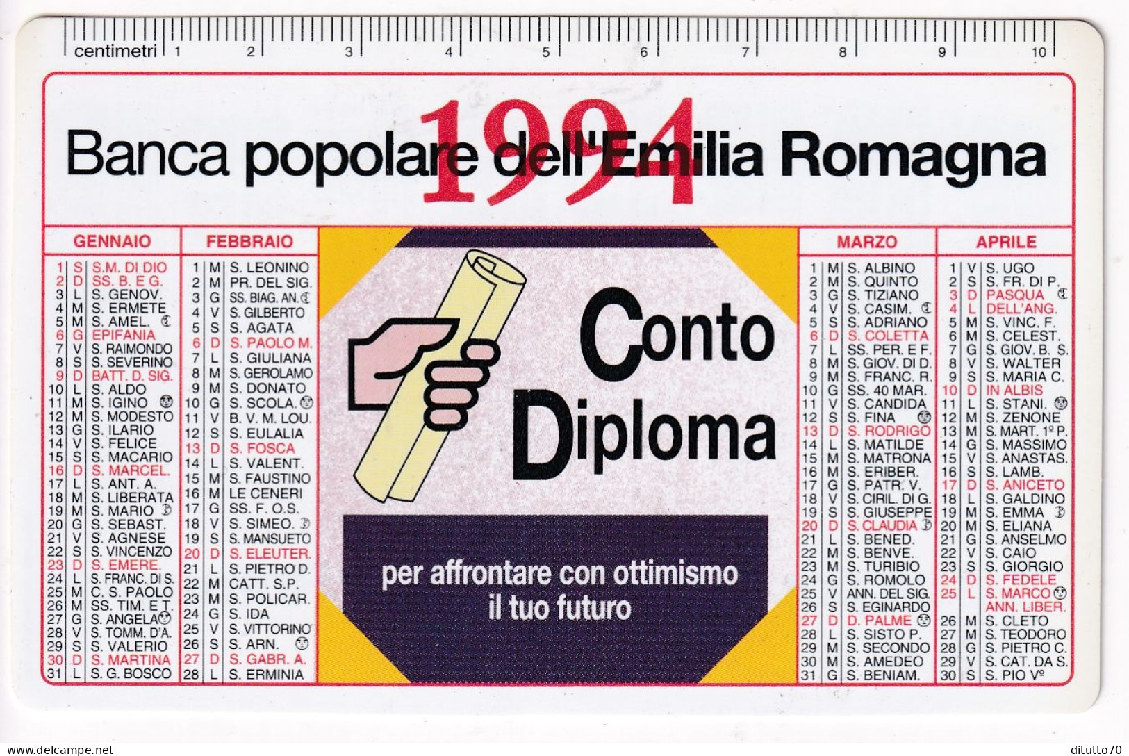 Calendarietto - Banca Popolare Dell'emilia Romagna - Conto Diploma - Anno 1994 - Tamaño Pequeño : 1991-00