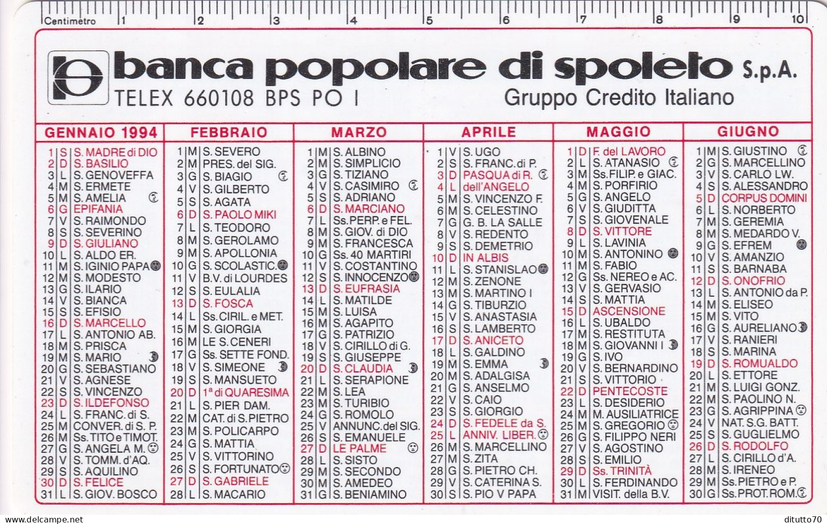 Calendarietto - Banca Popolare Di Spoleto - Anno 1994 - Tamaño Pequeño : 1991-00