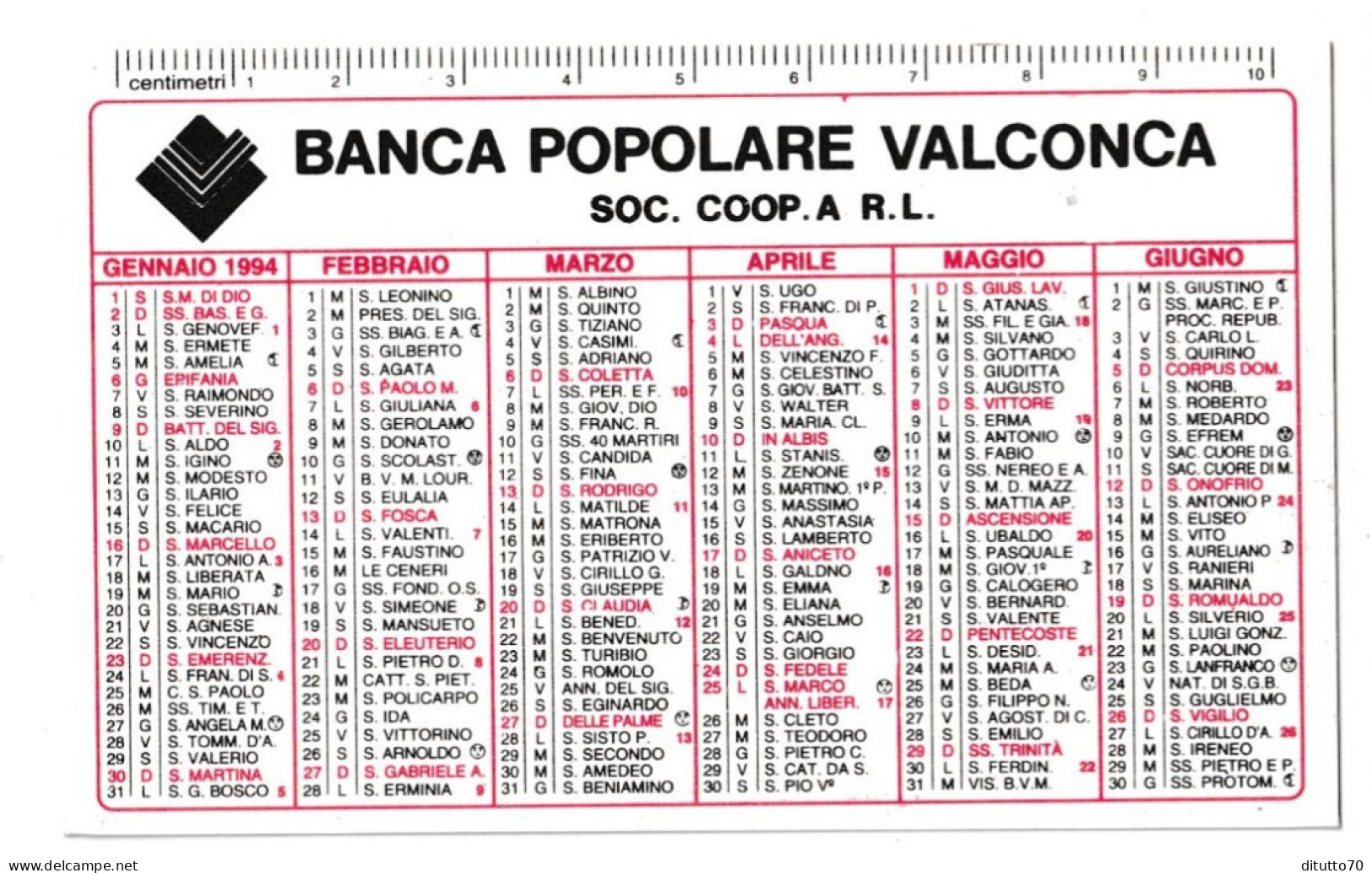 Calendarietto - Banca Popolare Valconca - Soc.coop.a R.l. - Anno 1994 - Tamaño Pequeño : 1991-00