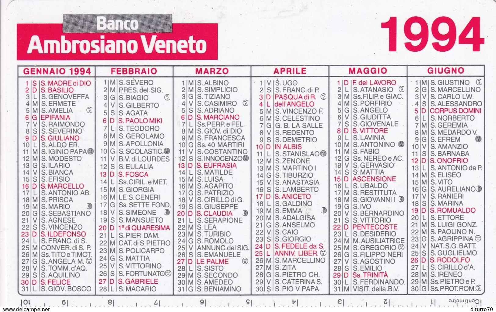 Calendarietto - Banco Ambrosiano Veneto - Anno 1994 - Tamaño Pequeño : 1991-00