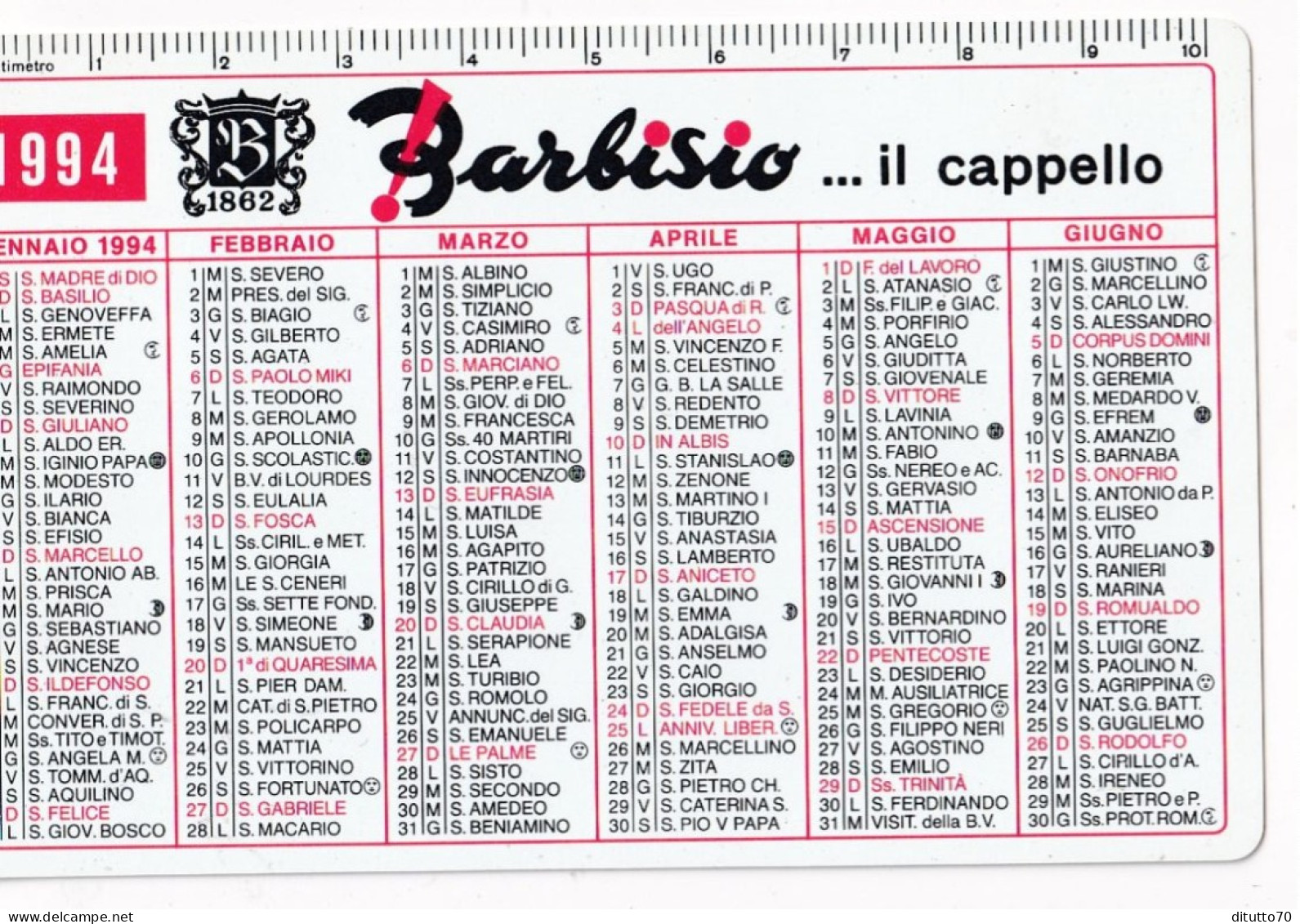 Calendarietto - Barbisio - Il Cappello - Anno 1994 - Formato Piccolo : 1991-00