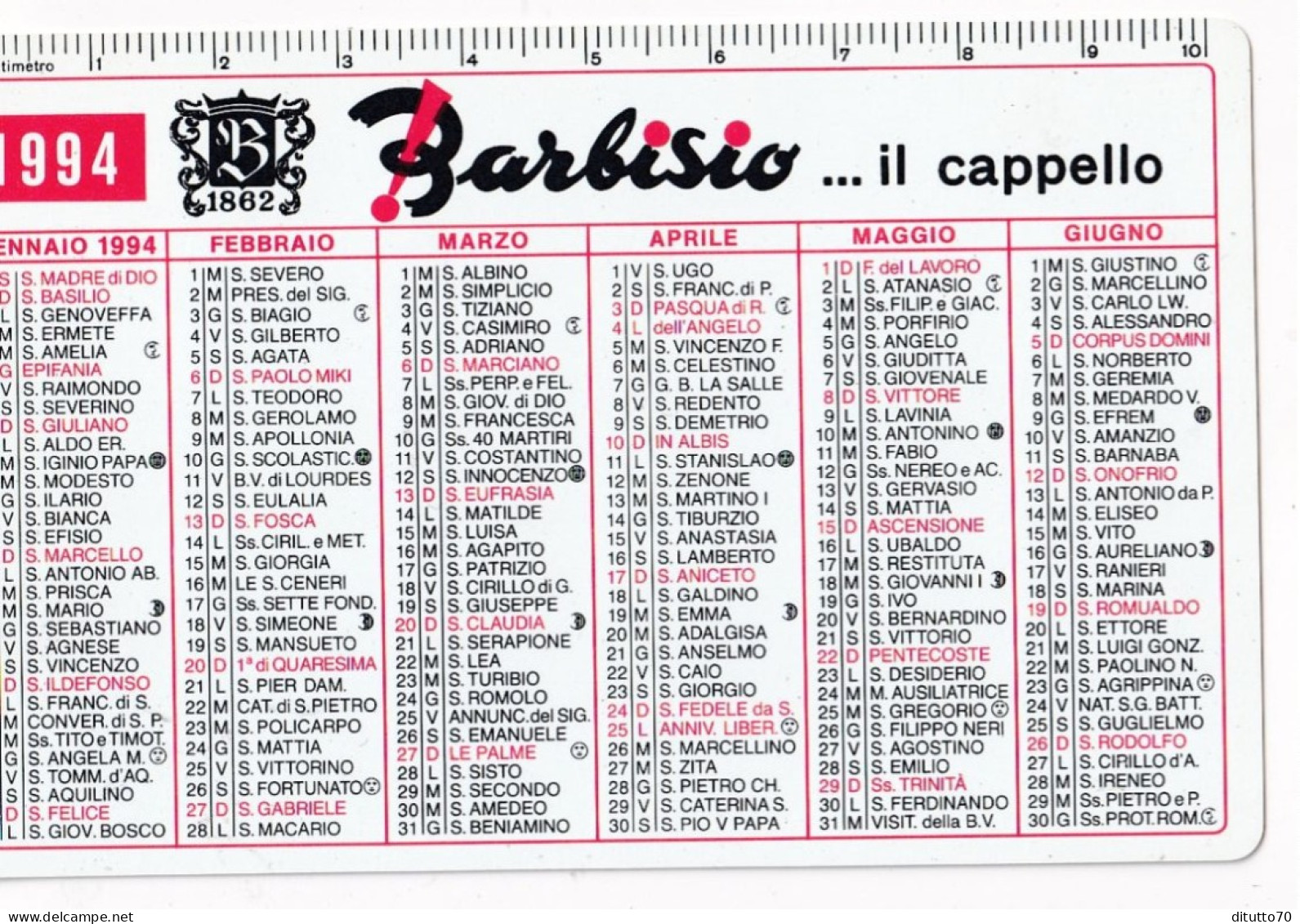 Calendarietto - Barbisio - Il Cappello - Anno 1994 - Tamaño Pequeño : 1991-00