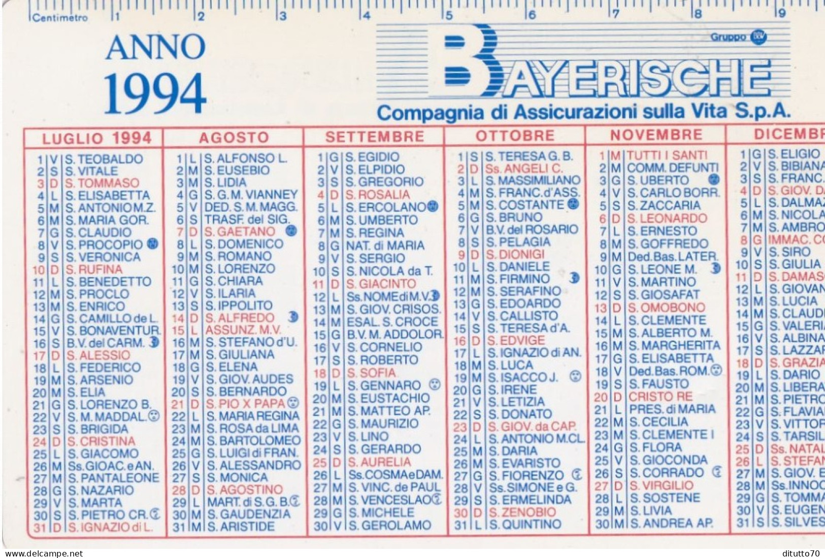 Calendarietto - Bayerische - Compagnia Di Assicurazione Sulla Vita - Anno 1994 - Tamaño Pequeño : 1991-00