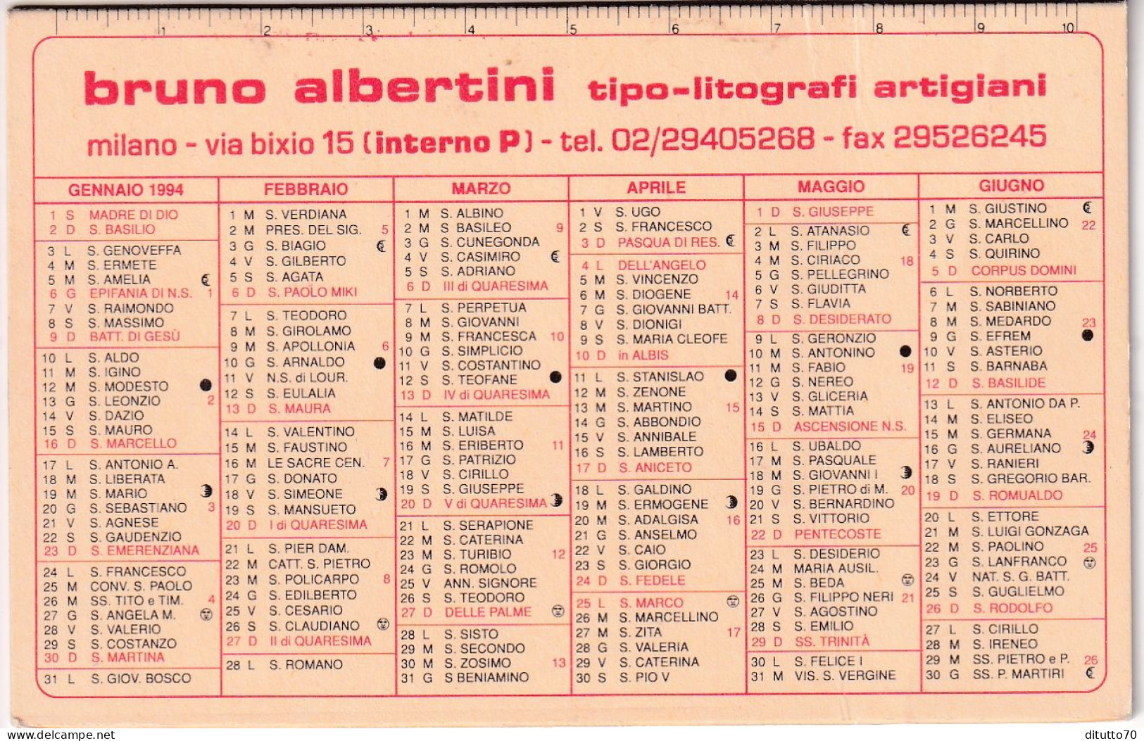 Calendarietto - Bruno Albertini - Tipo Litografi Artigiani - Milano - Anno 1994 - Tamaño Pequeño : 1991-00