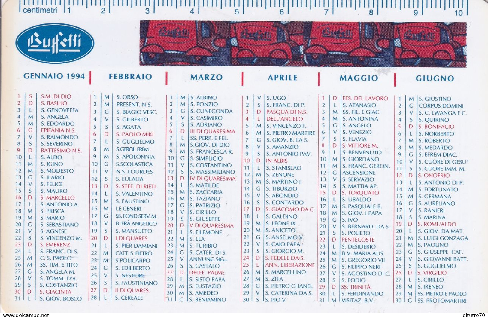 Calendarietto - Buffetti - Anno 1994 - Formato Piccolo : 1991-00