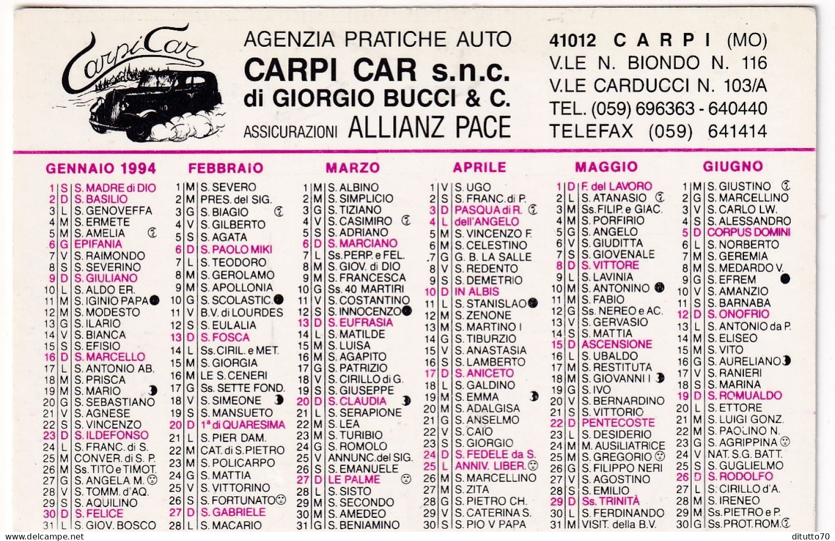 Calendarietto - Carpi Car - Agenzia Pratiche Auto - Carpi - Modema - Anno 1994 - Formato Piccolo : 1991-00