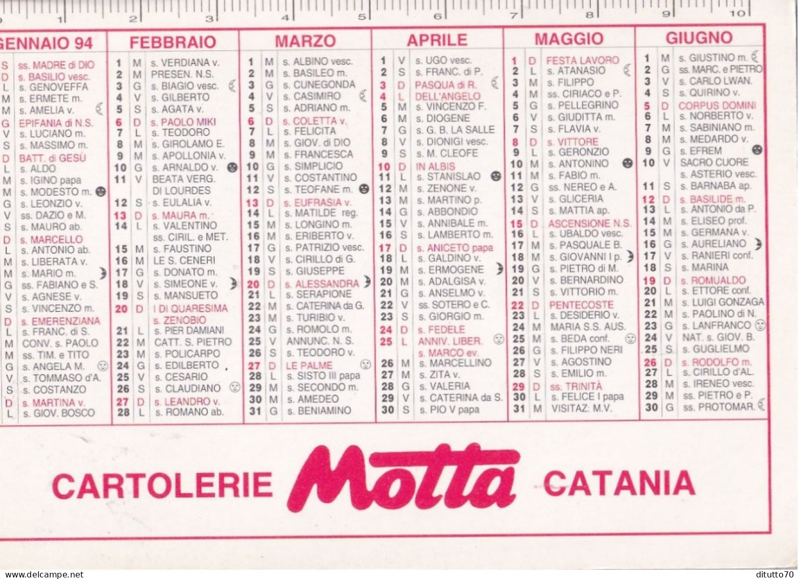 Calendarietto - Cartolerie Motta - Catania - Anno 1994 - Formato Piccolo : 1991-00