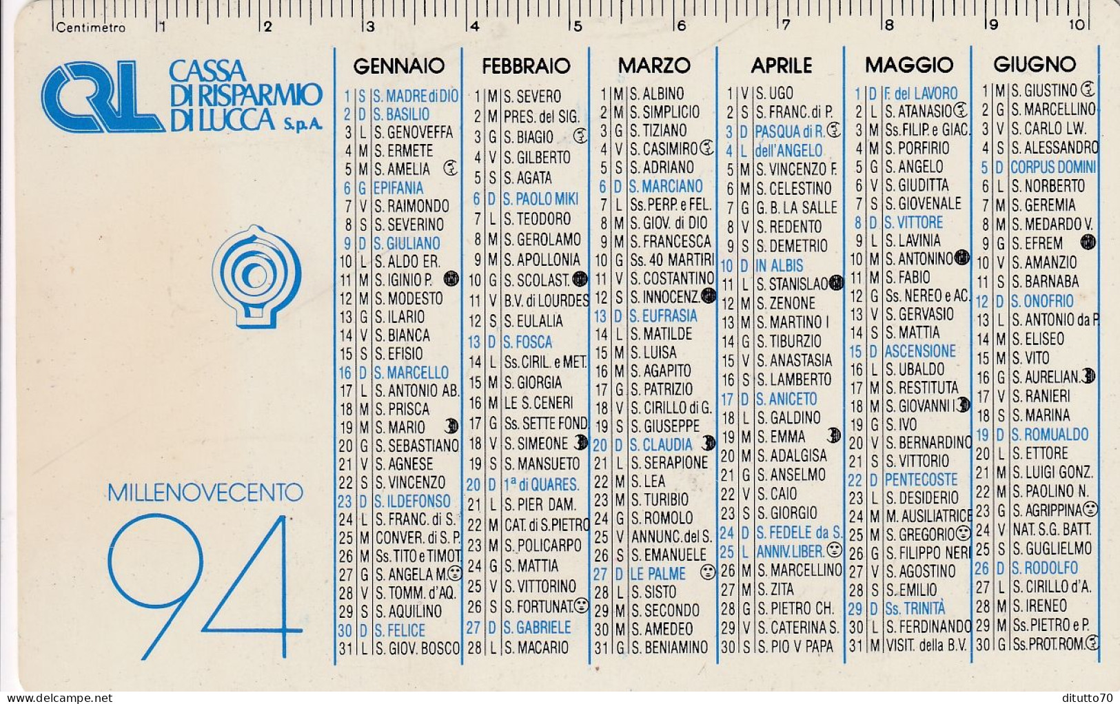 Calendarietto - Cassa Di Risparmio Di Lucca - Anno 1994 - Formato Piccolo : 1991-00