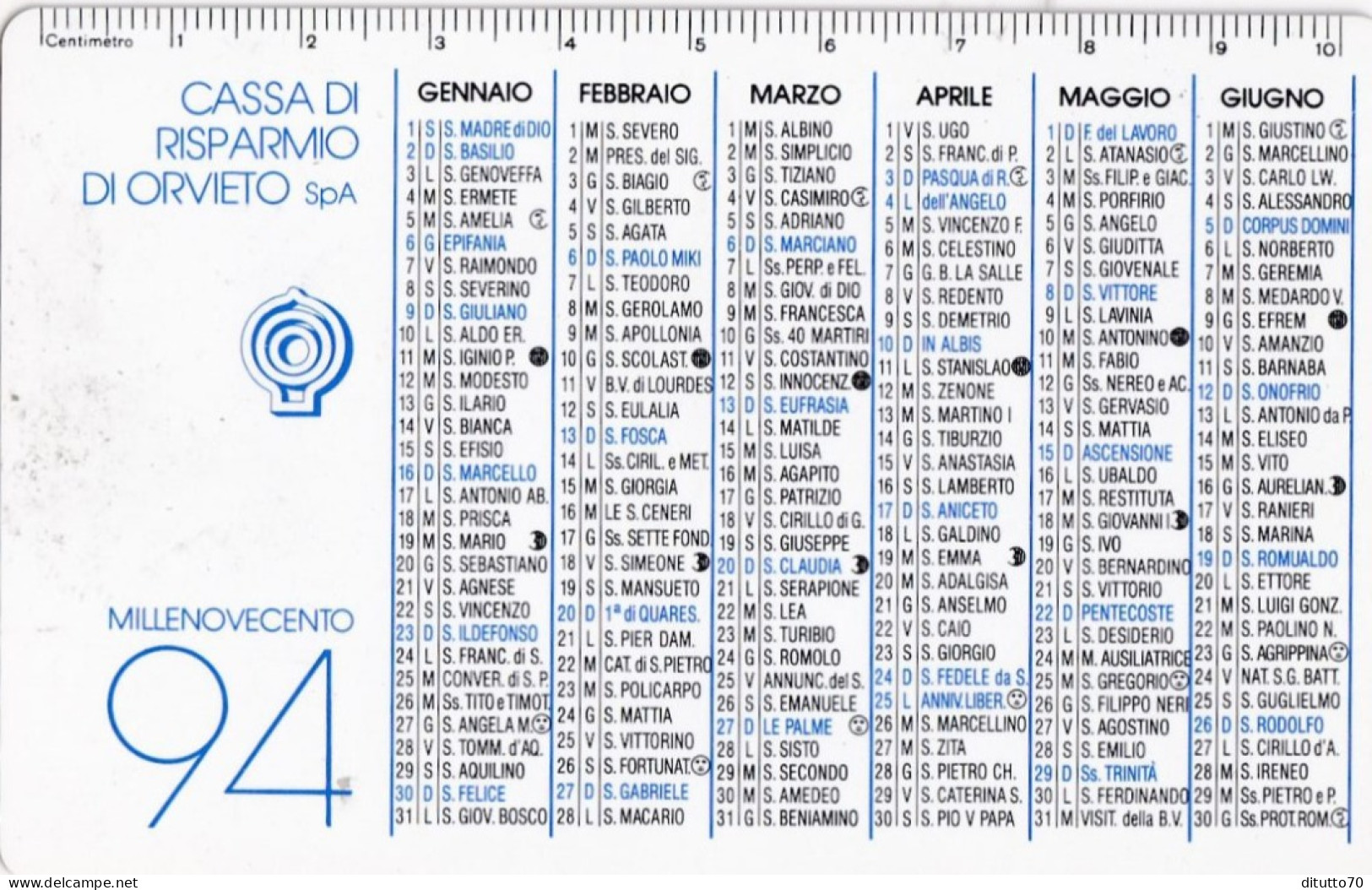 Calendarietto - Cassa Di Risparmio Di Orvieto - Anno 1994 - Tamaño Pequeño : 1991-00