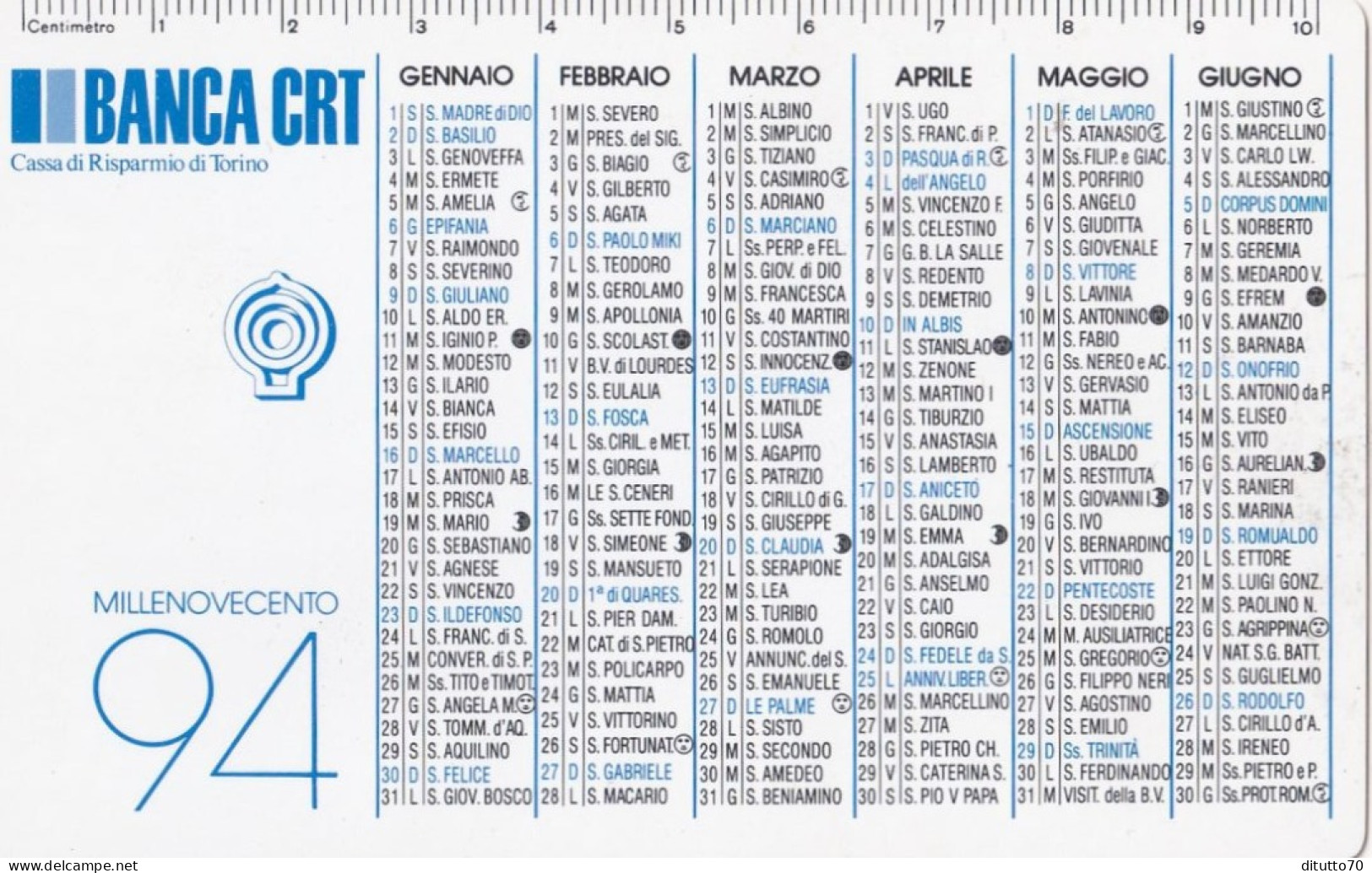 Calendarietto - Cassa Di Risparmio Di Torino - Anno 1994 - Formato Piccolo : 1991-00