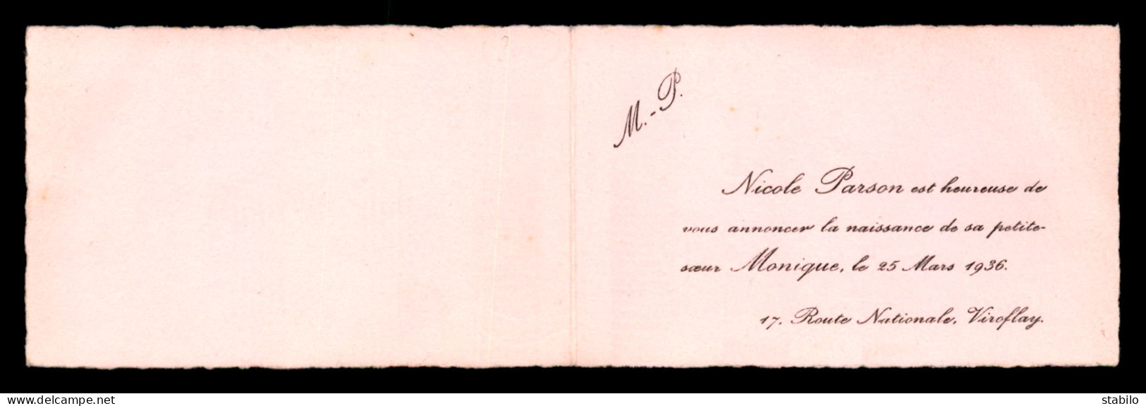 FAIRE-PART - NAISSANCE DE MONIQUE, 47 ROUTE NATIONALE A VIROFLAY (YVELINES) - FORMAT 10.7 X 6.7 CM - Nacimiento & Bautizo