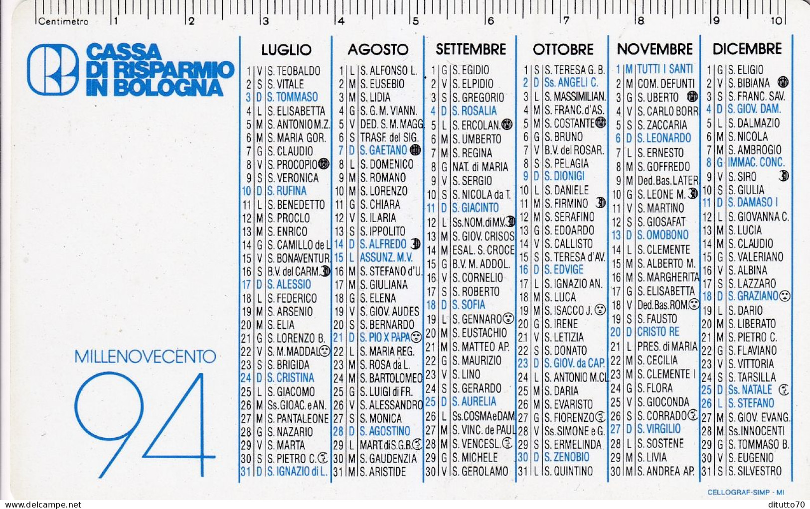 Calendarietto - Cassa Di Risparmio In Bologna - Anno 1994 - Formato Piccolo : 1991-00