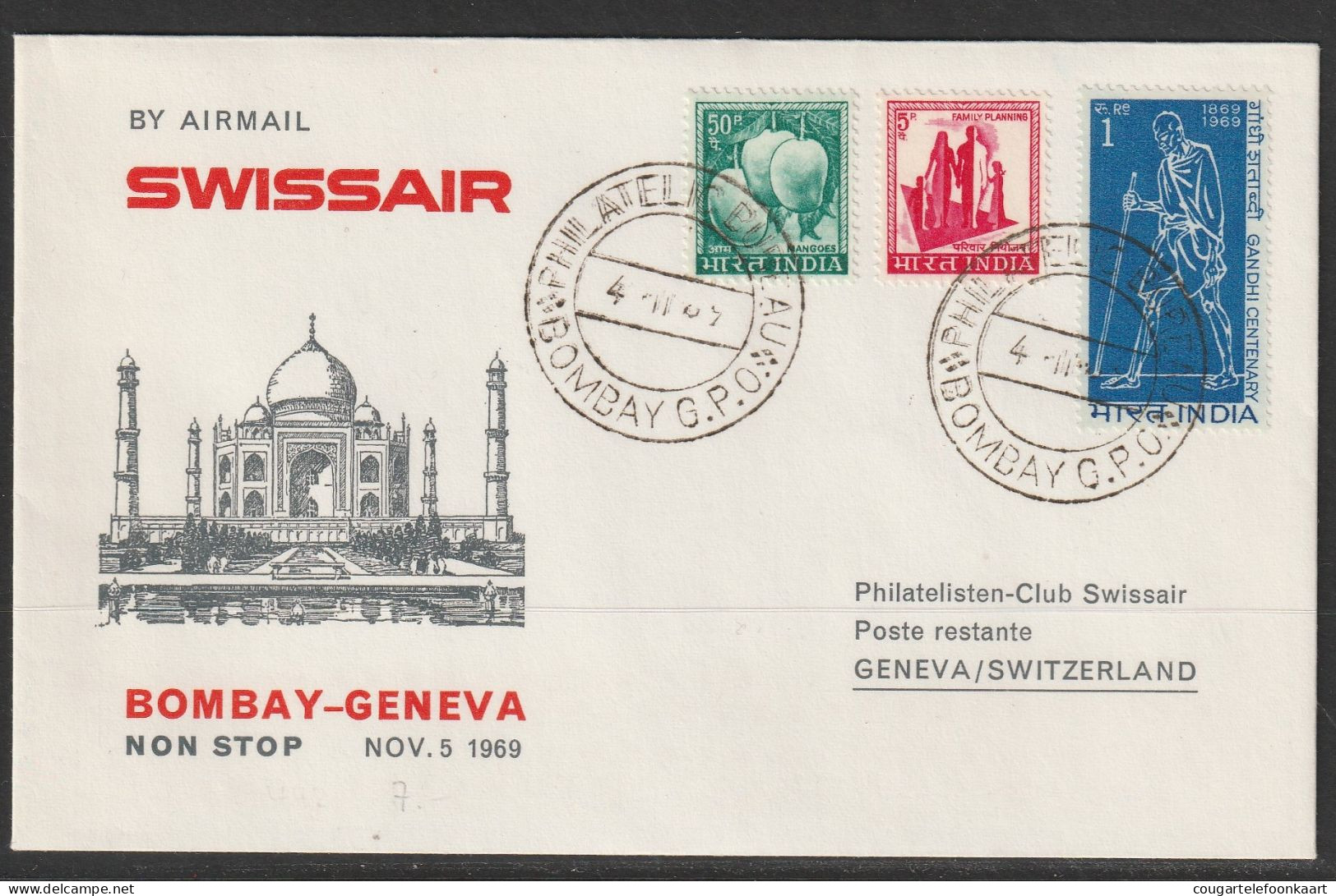 1970, Swissair, Erstflug, Bombay - Genf - Luchtpost