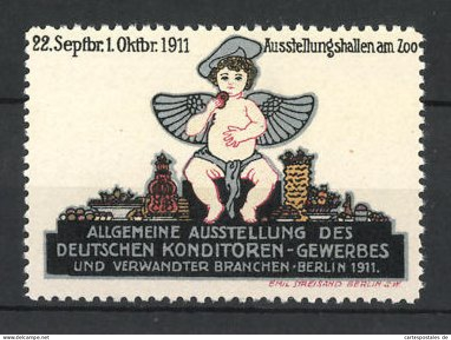Reklamemarke Berlin, Allgemeine Ausstellung Des Deutschen Konditoren-Gewerbes 1911, Engel Sitzt Auf Einem Turm  - Cinderellas