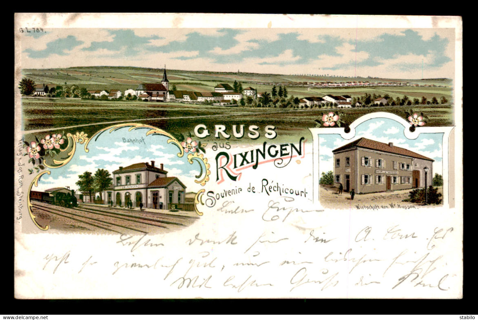 57 - RIXINGEN - RECHICOURT - BAHNHOF, LA GARE - WIRTSCHAFT VON HERR HUSSON, AUBERGE HUSSON - CARTE LITHOGRAHIQUE GRUSS - Rechicourt Le Chateau