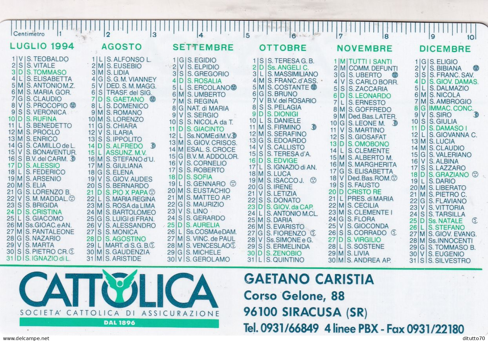 Calendarietto - Cattolica Assicurazione - Siracusa - Anno 1994 - Formato Piccolo : 1991-00