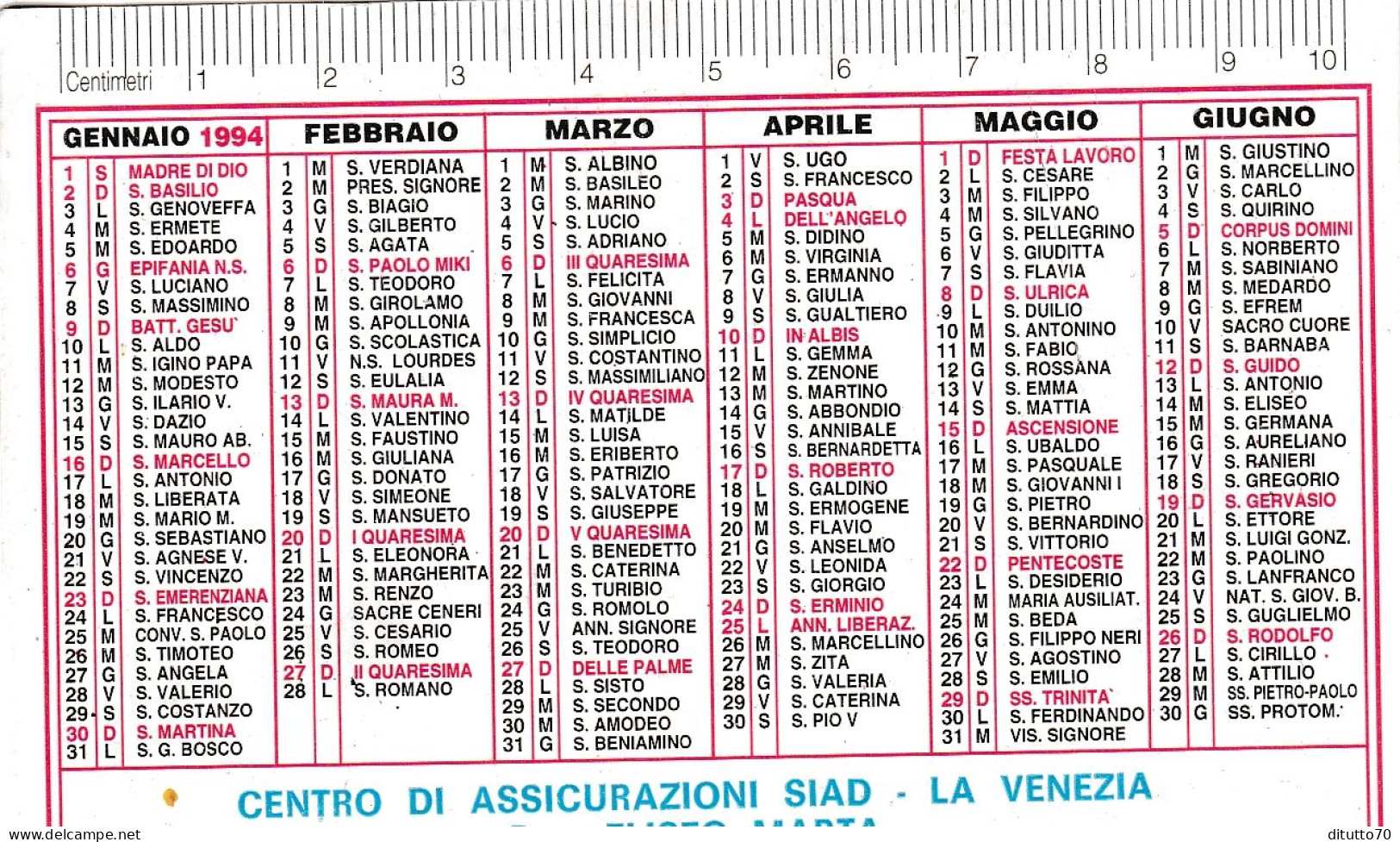 Calendarietto - Centro Di Assicurazioni Siad - Lavenezia - San Prisco - Caserta - Anno 1994 - Formato Piccolo : 1991-00