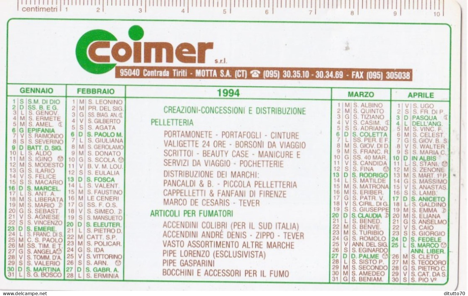 Calendarietto - Coimer - Motta S.a. Catania - Anno 1994 - Tamaño Pequeño : 1991-00