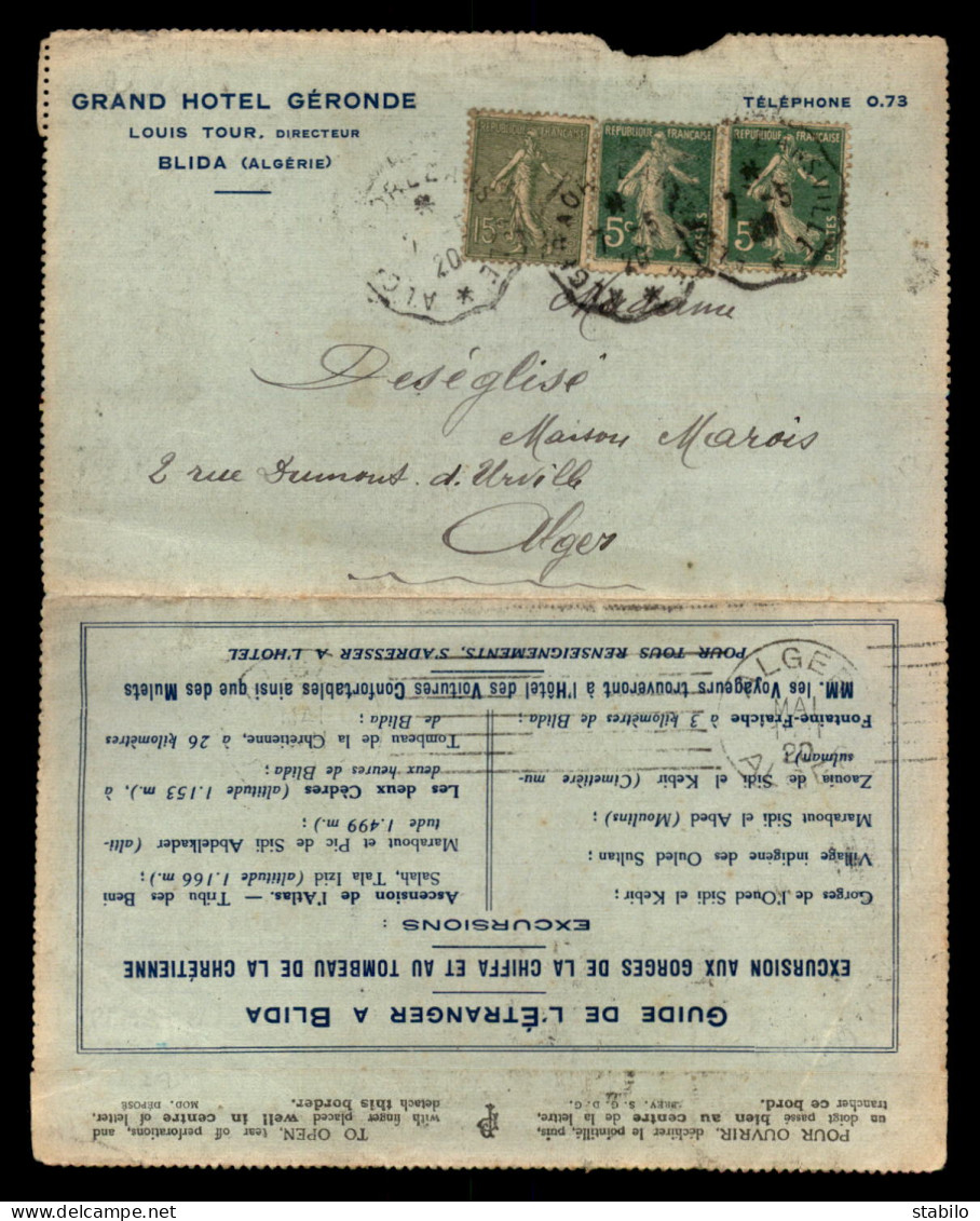 ALGERIE - BLIDA - CARTE-LETTRE - GRAND HOTEL GIRONDE LOUIS TOUR DIRECTEUR - Blida